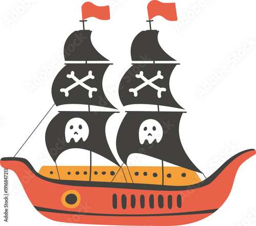 Pirate sailboat. Cute ship drawing color icon