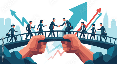Two giant hands support a bridge where business people collaborate and make deals, with a city skyline and rising arrows symbolizing growth and partnership.