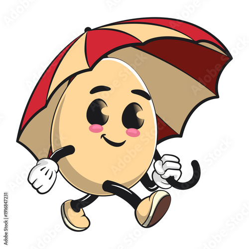 cute egg mascot character walking with an umbrella, isolated vector illustration, work of hand drawn