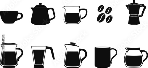 Collection of various coffee and tea related icons with a transparent background for design projects