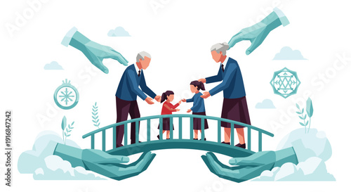 Grandparents with their grandchildren stand on a bridge supported and protected by large hands, symbolizing intergenerational love, family legacy, and security.