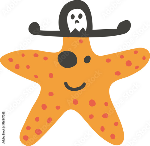 Starfish in pirate hat. Cute marine travel character