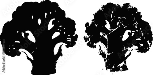 black silhouette of broccoli heads with varied texture isolated on white background