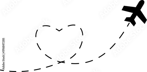 Simple black airplane icon on a dotted trajectory forming a heart, representing a romantic journey or flight.