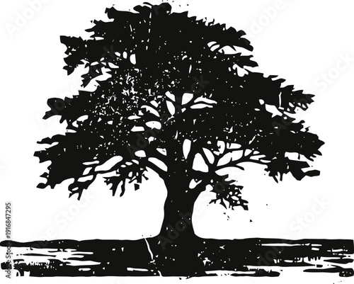 silhouette of a large tree with sprawling branches and dense leaves on a white background