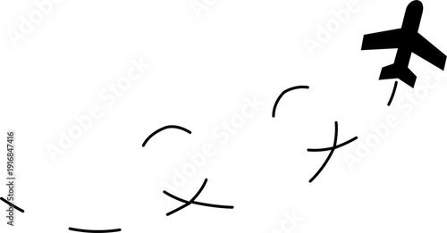 Black silhouette of a jet plane flying along a dashed trajectory with sharp turns, ideal for travel and logistics themes.