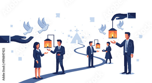 Business professionals follow a guided path toward a common goal, receiving lanterns of light and doves of peace from helping hands.