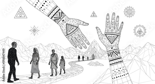 Abstract low-poly illustration shows giant helping hands with geometric patterns guiding people on a journey through a mountain pass.