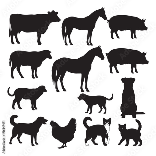 Black Silhouettes Of Various Farm And Domestic Animals