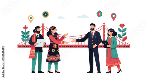 Multicultural business partners in professional and traditional attire meet on a decorative bridge to symbolize a successful global partnership.