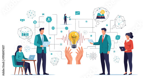 A collaborative business team works together around a central glowing light bulb idea, connected by a network of data and process icons.