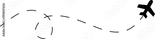 Minimalist Black Airplane Icon with Dotted Flight Path Symbolizing Vacation, Business Travel, and Global Expedition Planning