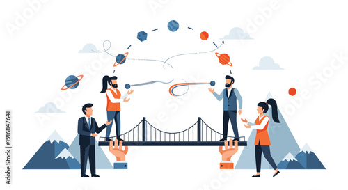 Business partners collaborate on a bridge supported by giant hands, juggling planets to symbolize global management and teamwork.