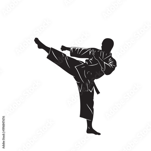 Powerful Male Karate Practicioner Silhouette Executing High Kick Technique in Traditional Martial Arts Attire