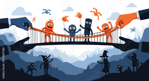 Giant hands in business suits hold a stable bridge for cute cartoon characters, protecting them from shadowy figures below.