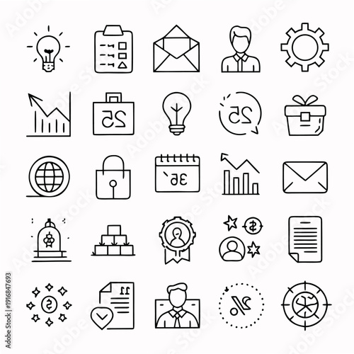 Minimal black and white line icons set featuring business and office elements, including briefcase, computer, lightbulb, envelope, cloud, charts, documents,