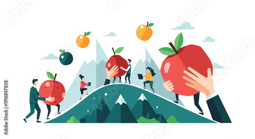A diverse team works together to carry giant apples up a mountain, illustrating collaboration, shared goals, and the fruitful results of successful teamwork.