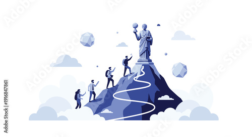 A group of professionals with backpacks ascend a mountain on a winding path, striving to reach a victory statue, symbolizing ambition and the journey to success.