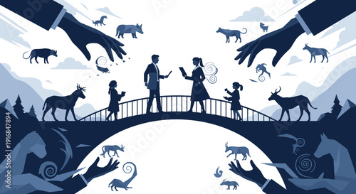 Conceptual illustration shows people on a bridge under large hands controlling animal silhouettes, symbolizing themes of manipulation, ecosystem balance, and power dynamics.