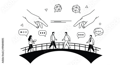 People communicate and connect while walking across a bridge under the guidance of large abstract hands.