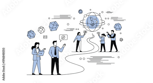 Professional business team follows a winding path towards a global network icon, illustrating a journey of innovation.