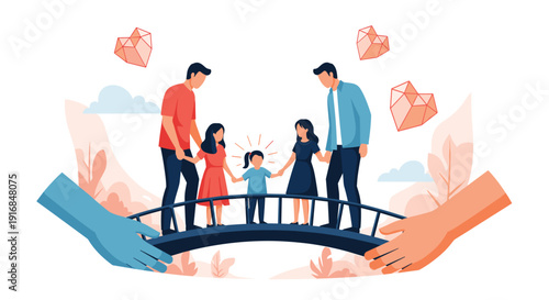 Two loving same-sex male couples with their children stand on a bridge held by supportive hands, symbolizing family care.