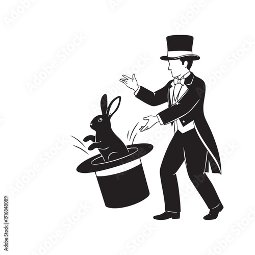 Illusionist Performing Rabbit from Hat Trick Magician Stage Entertainment Show Silhouette Vector Illustration