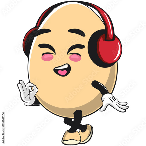 cute egg mascot character listening to headset while dancing, isolated vector illustration, work of hand drawn
