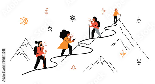 Diverse group of people with backpacks hike up a winding mountain trail, communicating with each other on their journey to the summit.