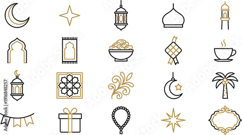 Collection of islamic icons and symbols in black and gold on white background displayed together