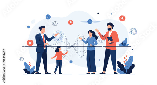 Business professionals and a child collaborate to analyze a complex data wave, illustrating innovation and knowledge sharing.