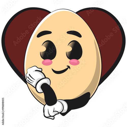 cute egg mascot character smiling posing in front of a big heart, isolated vector illustration, work of hand drawn