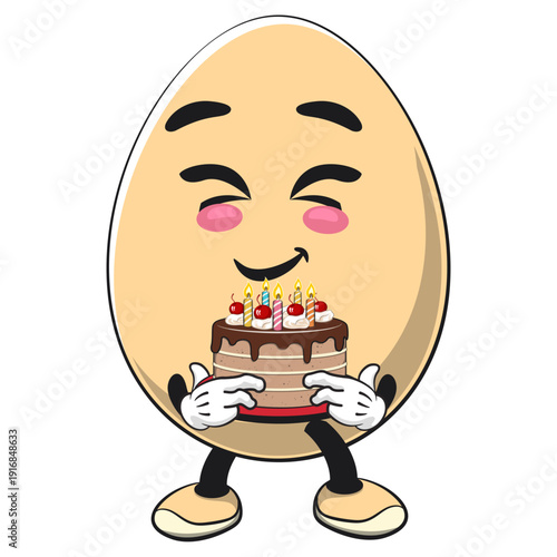 cute egg mascot character bring a birthday cake, isolated vector illustration, work of hand drawn