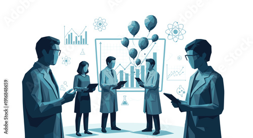 Team of scientists in lab coats collaborating on research data analysis with charts and molecular structures in a modern laboratory setting.