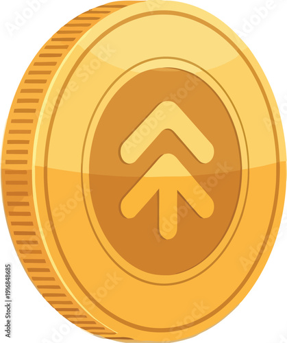Golden coin illustration with upward arrows symbolizing financial growth investment success and positive economic trends presented in a glossy 3d rendered style with a clean white