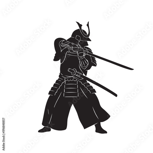Samurai Warrior Silhouette Illustration Japanese Swordsman Warrior with Two Katanas in Battle Stance Black and White Vector Art Traditional Martial Arts Figure