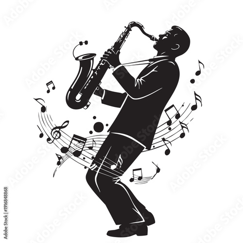 Jazz Saxophone Player Silhouette with Musical Notes Creative Abstract Vector Art Black and White Design Live Performance Concert Musician Illustration