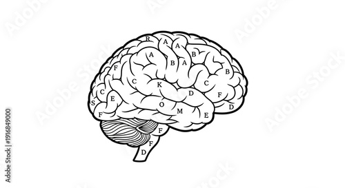 Detailed anatomical representation of the human brain, presented as a crisp black and white 2D vector illustration with labeled regions for scientific and educational understanding