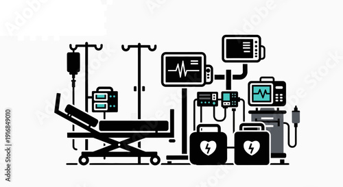 Collection of modern medical equipment for critical care and emergency response, including a hospital bed, monitors, and life support devices