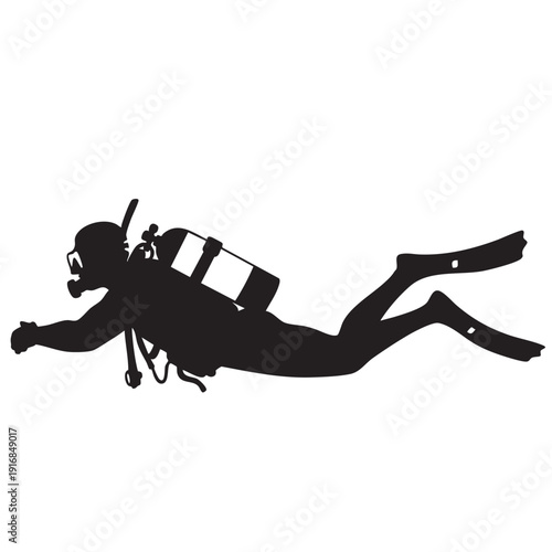 Scuba Diver Silhouette Underwater Exploration Vector Illustration Black and White Design Professional Diver with Equipment