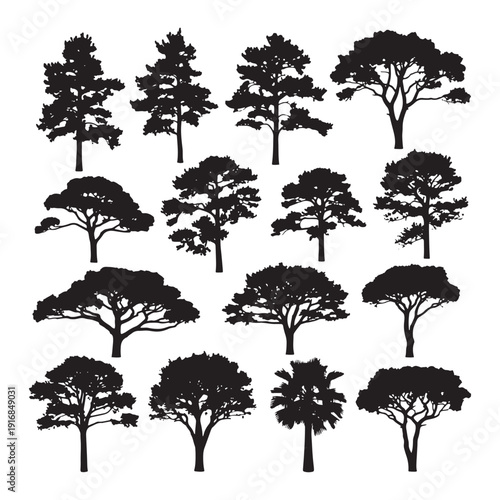 collection of tree silhouettes on white background