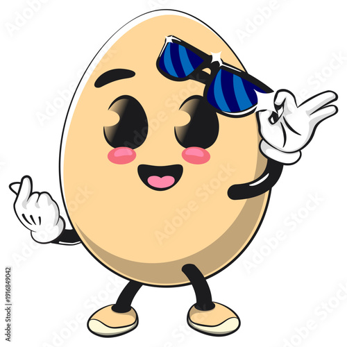 cute egg mascot character opening sunglasses while giving a sign of love, isolated vector illustration, work of hand drawn