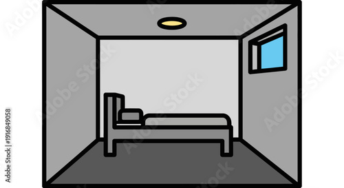 Flat 2D vector illustration of a minimalist bedroom interior with a single bed, a window, and a ceiling light. Represents basic accommodation, comfort, or private living space