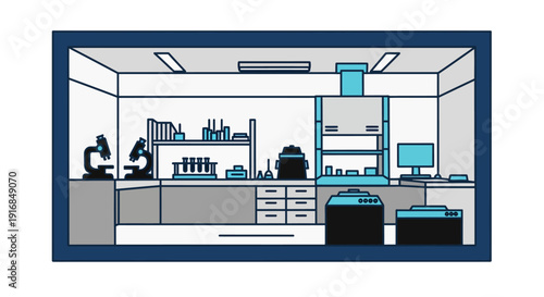 Illustration of a modern laboratory setup with scientific equipment and workstations