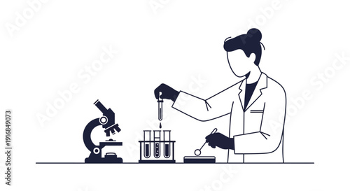 Vector illustration of a scientist conducting experiments with test tubes and a microscope, symbolizing scientific research, analysis, and discovery