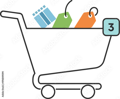 Vector illustration of a shopping cart filled with colorful price tags and a quantity indicator symbolizing retail commerce and purchasing decisions with a clean modern graphic