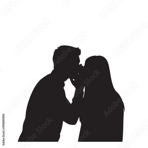 A subtle and intimate silhouette of a man whispering into a woman's ear, conveying a private moment or sharing a secret, depicted on a clean white background.