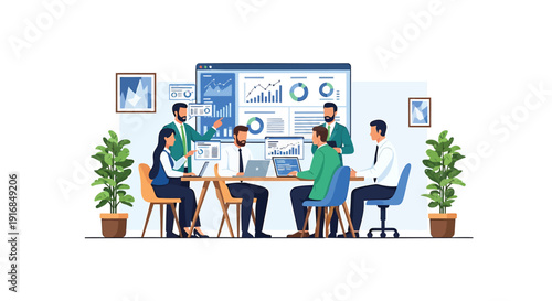 Business team collaboration in modern office setting with computers and charts