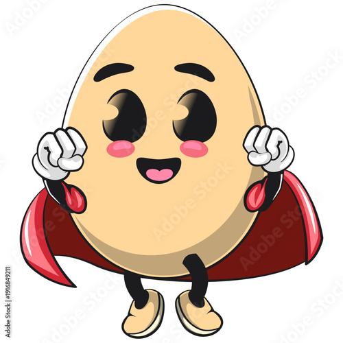 cute egg mascot character as flying superhero wearing a robe, isolated vector illustration, work of hand drawn