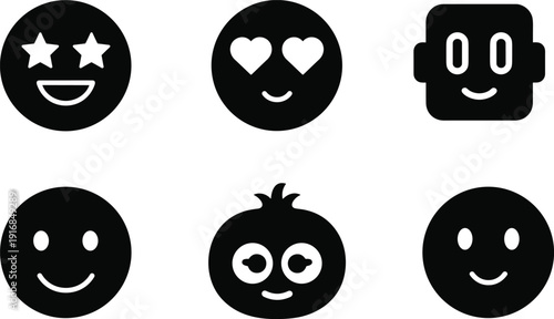 Minimal black emoji faces icon set with cute smiley expressions including star eyes, heart eyes and robot character isolated on light background